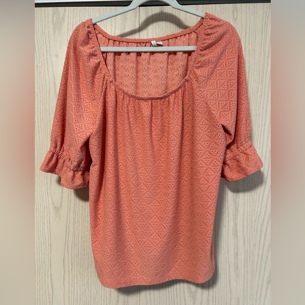 Cato Coral Eyelet Peasant Blouse